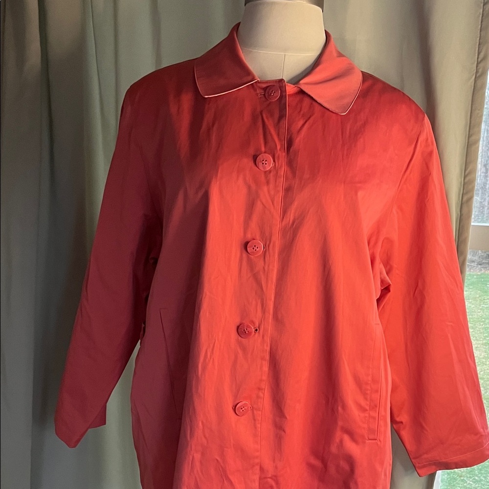 Maggie Barnes Vibrant Coral Button-Up Jacket Raincoat